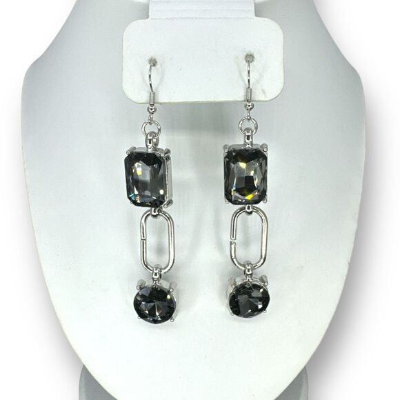Jewelry Set Necklace and Earrings Faceted Large Rhinestones Over Silver Plated - Picture 3 of 5